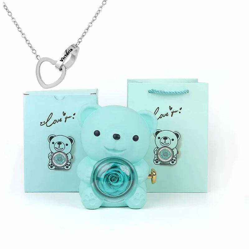 Eternal rose teddy bear with rotating jewelry box and necklace gift set