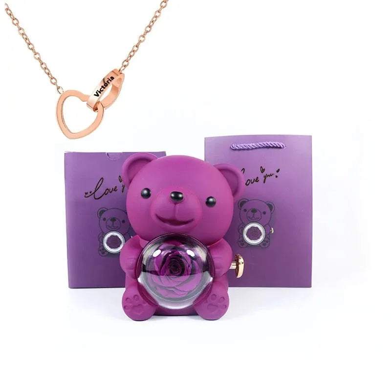 Eternal rose teddy bear with necklace and rotating jewelry box