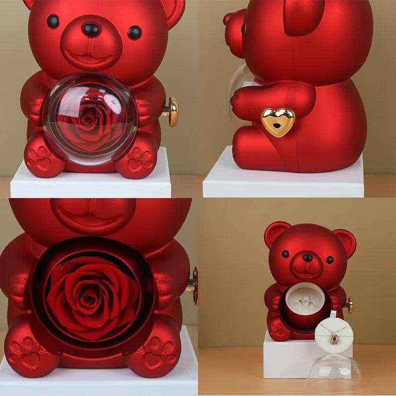 Eternal rose teddy bear gift with necklace in rotating jewelry box
