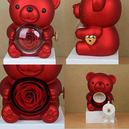 Eternal rose teddy bear gift with necklace in rotating jewelry box