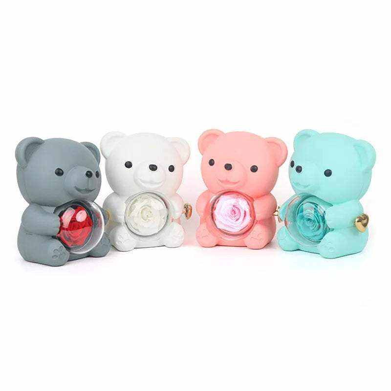 Eternal rose teddy bear gift with rotating jewelry box and necklace