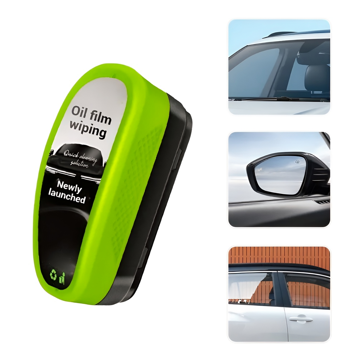 Green Oil Film Wipe cleaning a car windshield with built-in brush and liquid release