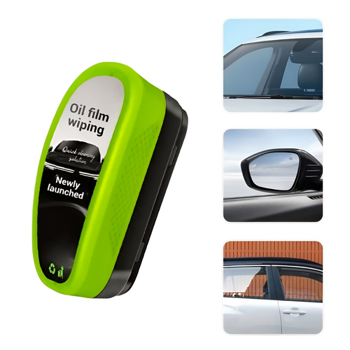 Green Oil Film Wipe cleaning a car windshield with built-in brush and liquid release