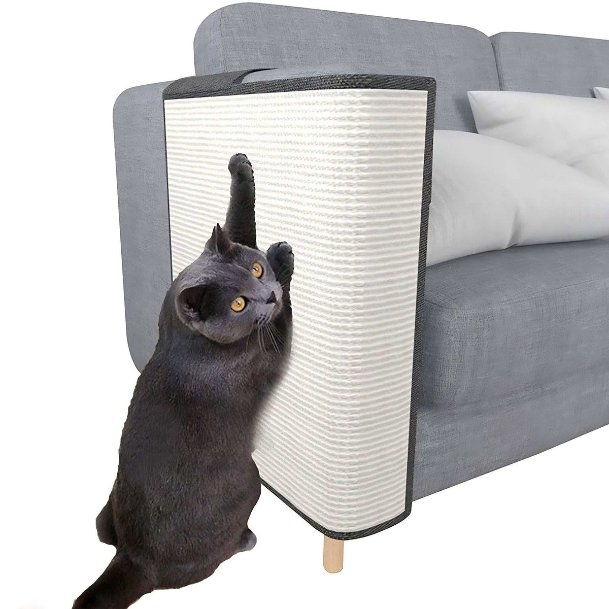 Cat scratch sofa protector in dark grey with natural sisal panel on sofa armrest