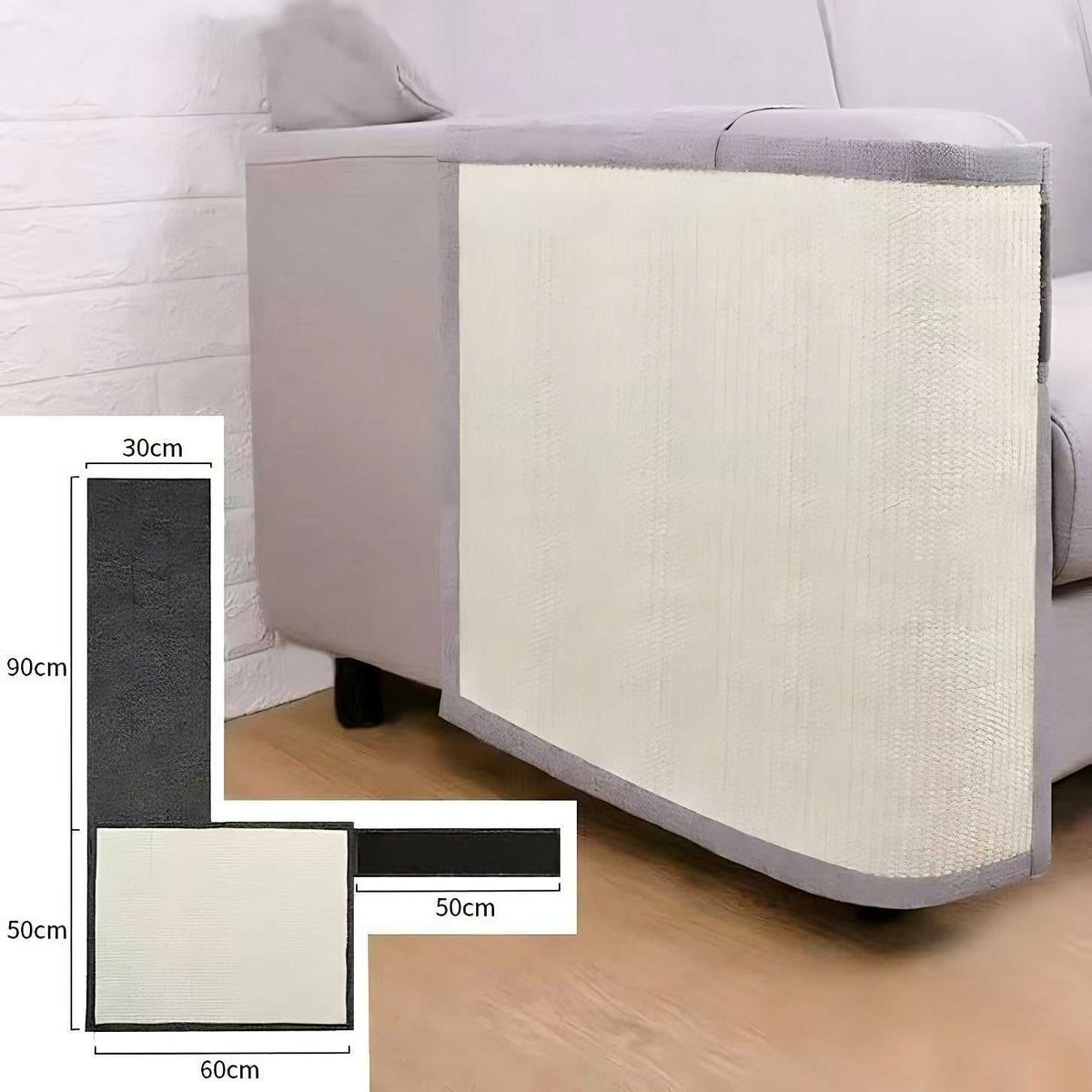 Cat scratch sofa protector in dark grey with natural sisal panel on couch armrest