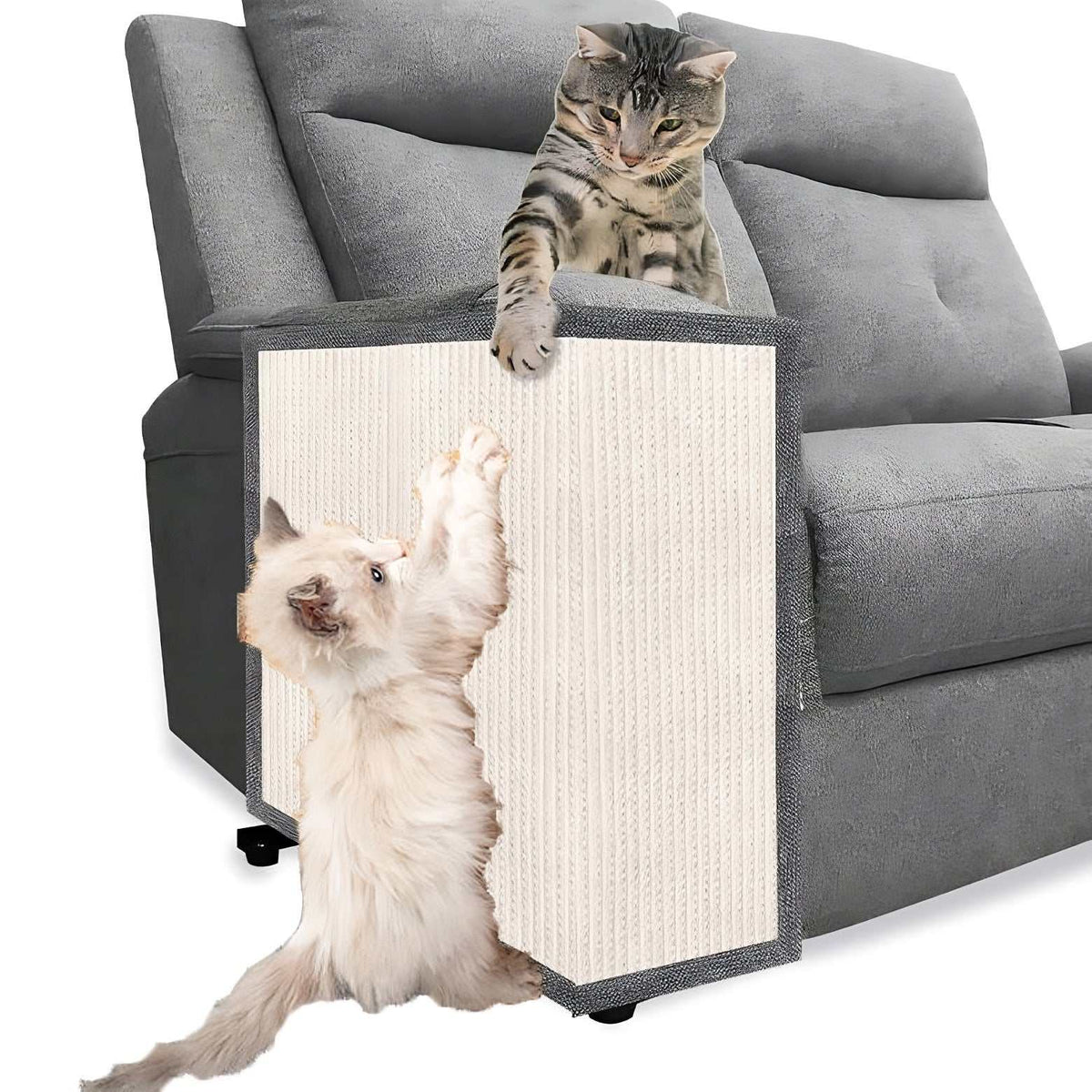 Cat scratch sofa protector made of natural sisal and linen attached to sofa armrest