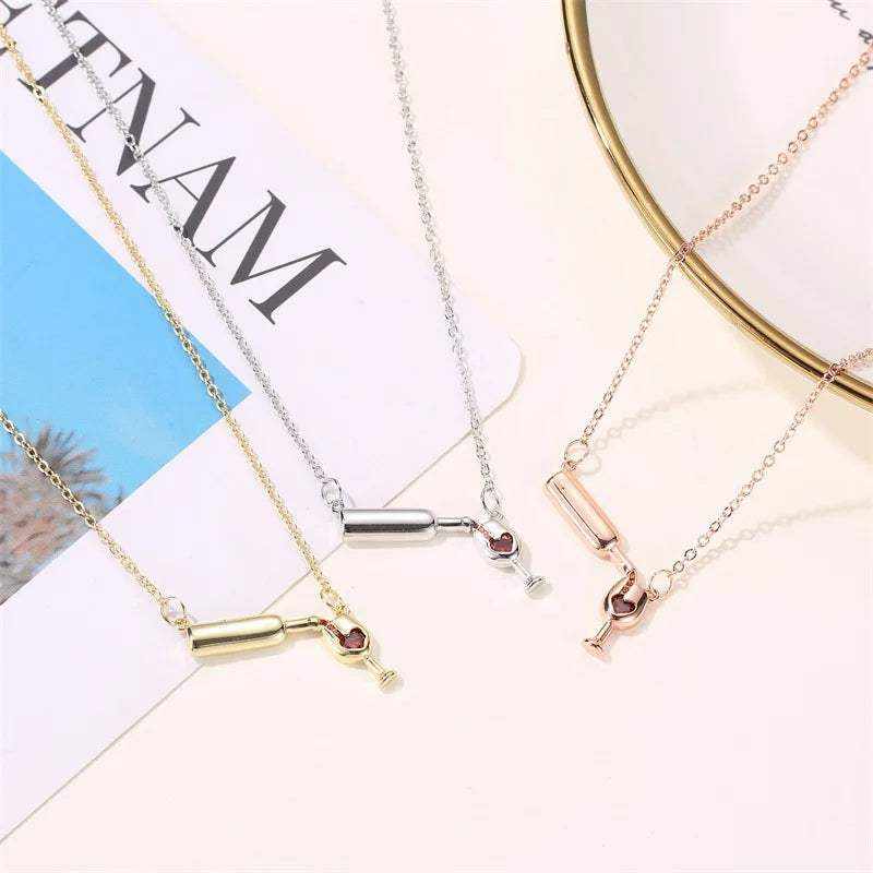 Copper wine bottle necklace with red zircon crystal pendant
