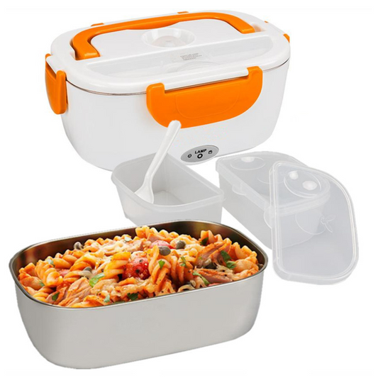 Electric heating lunch box with dual compartments and adapters for home, car, and travel