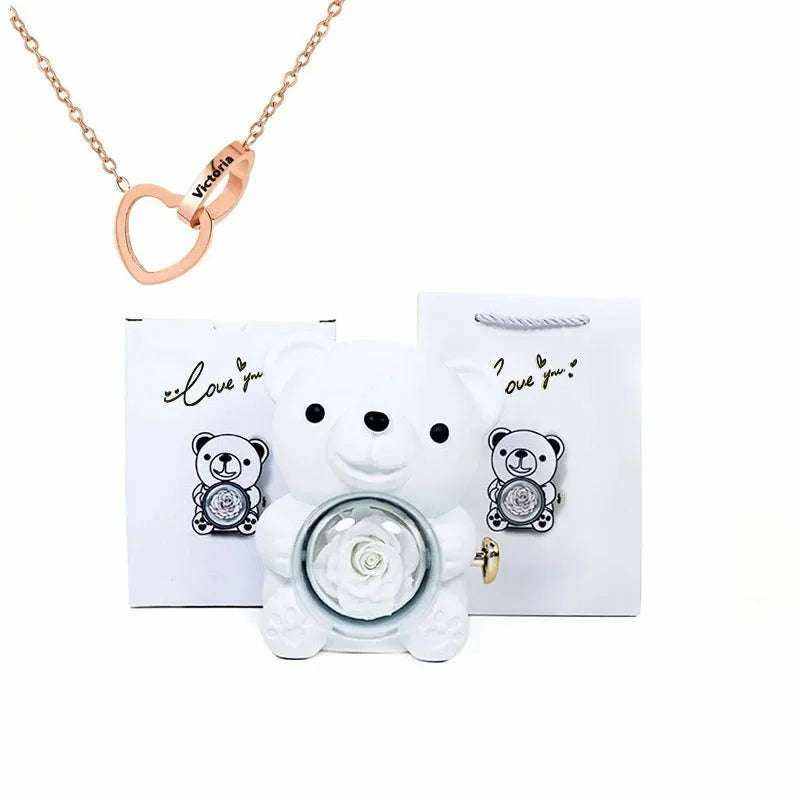 Eternal Rose Teddy Bear gift set with rotating jewelry box and necklace
