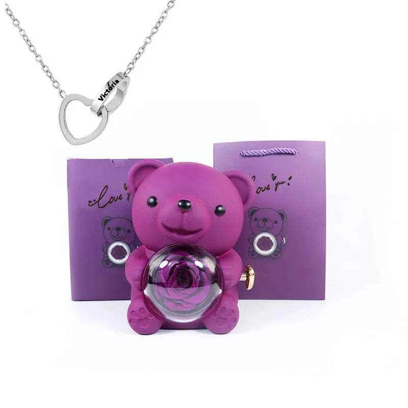 Eternal rose teddy bear with necklace in rotating jewelry box