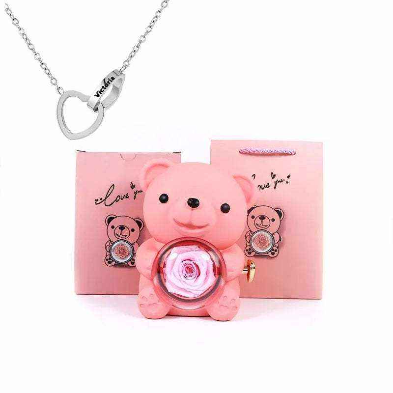 Eternal Rose Teddy Bear gift with necklace and rotating jewelry box