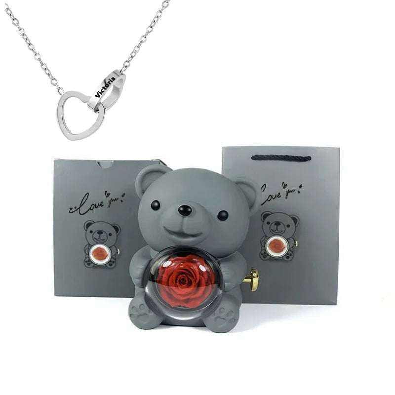 Eternal rose teddy bear with rotating jewelry box and necklace gift set