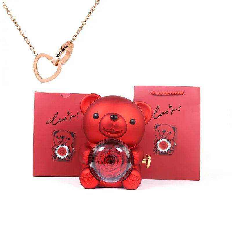 Eternal Rose Teddy Bear with rotating jewelry box and necklace gift