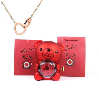 Eternal Rose Teddy Bear with rotating jewelry box and necklace gift