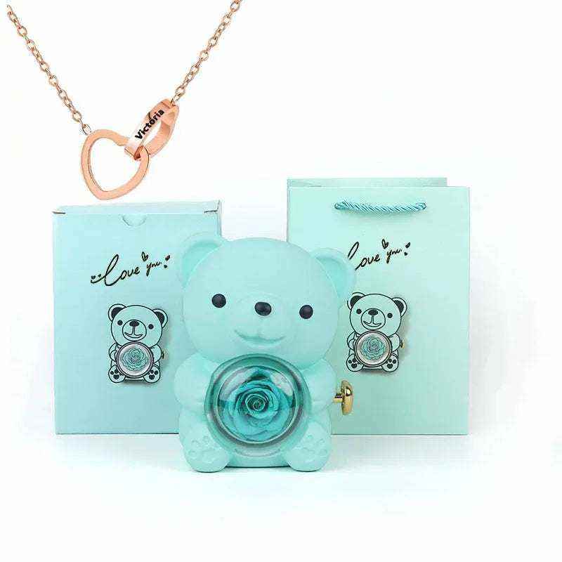 Eternal rose teddy bear with necklace in rotating jewelry box gift set