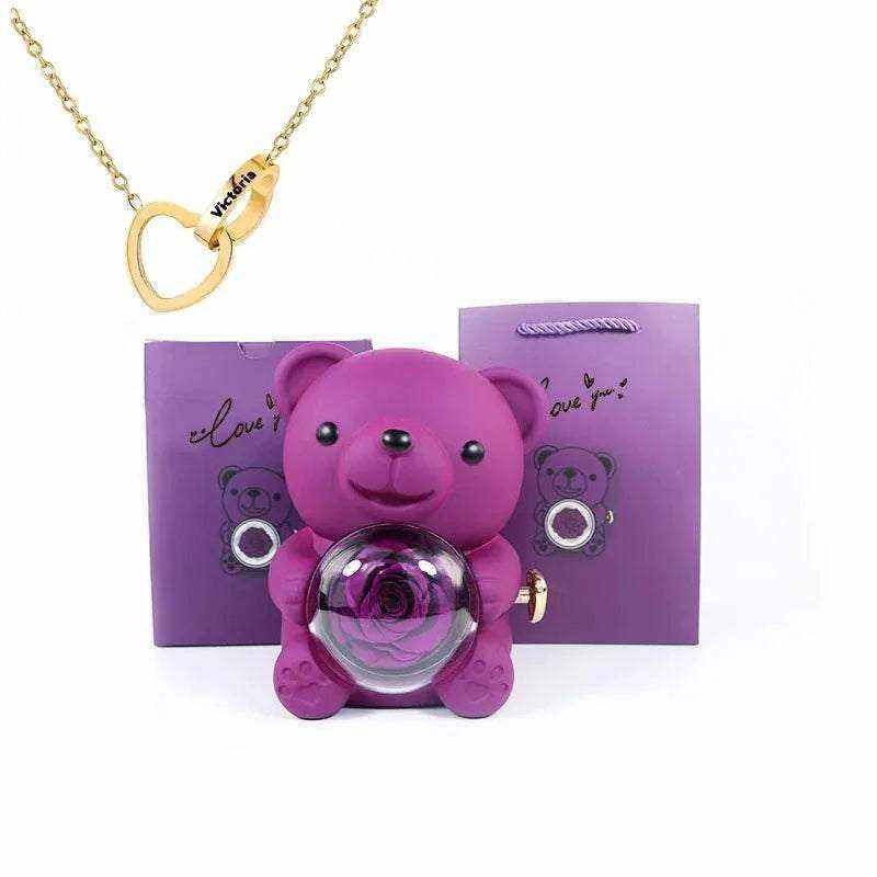 Eternal Rose Teddy Bear gift with rotating jewelry box and necklace