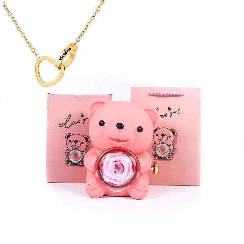 Eternal Rose Teddy Bear with rotating jewelry box and necklace gift set