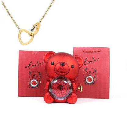 Eternal rose teddy bear gift with rotating jewelry box and necklace