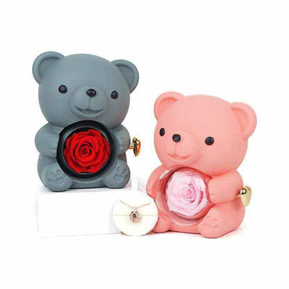 Eternal Rose Teddy Bear with necklace in rotating jewelry box gift set