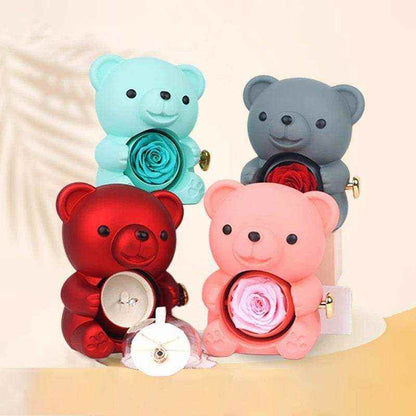 Eternal rose teddy bear gift with rotating jewelry box and necklace