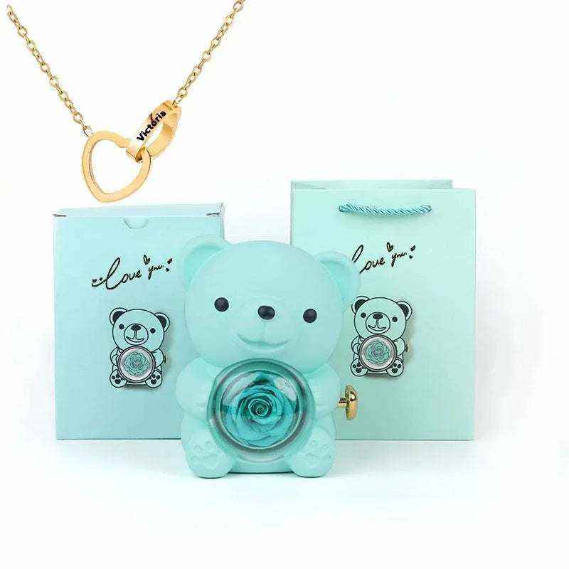 Eternal Rose Teddy Bear with rotating jewelry box and necklace gift set