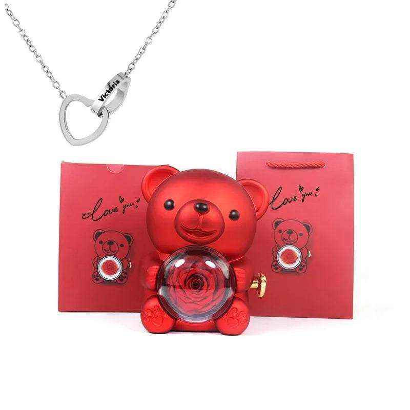 Eternal rose teddy bear with rotating jewelry box and necklace gift set