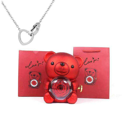 Eternal rose teddy bear with rotating jewelry box and necklace gift set