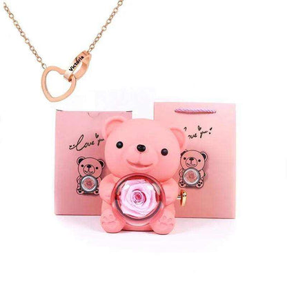 Eternal rose teddy bear with necklace in rotating jewelry box gift set