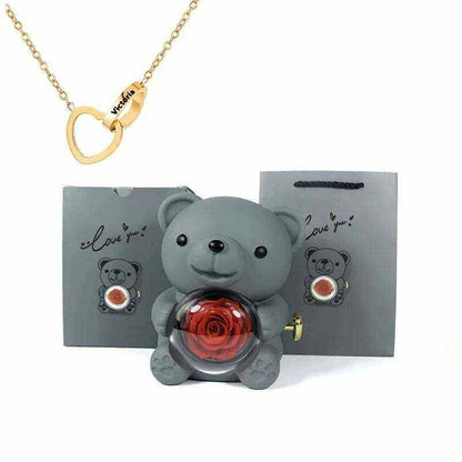 Eternal Rose Teddy Bear with rotating jewelry box and necklace gift set