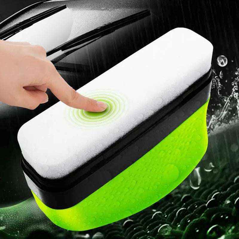 Green Oil Film Wipe tool cleaning car windshield with clear, streak-free results