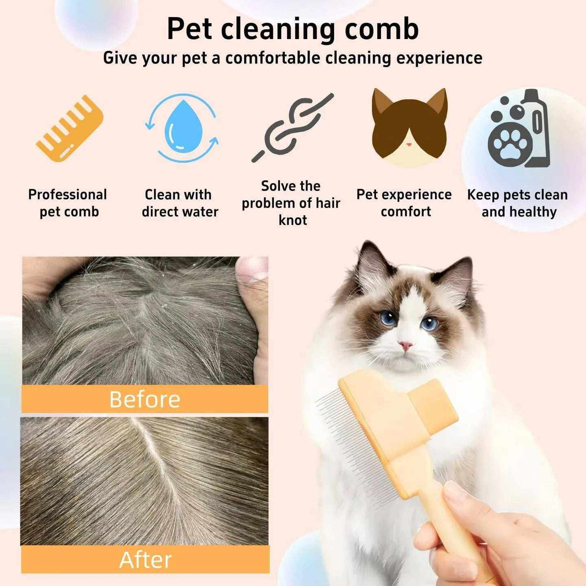 Pet hair and flea comb with self-cleaning feature for grooming