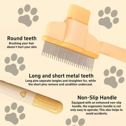Pet hair and flea comb with self-cleaning feature