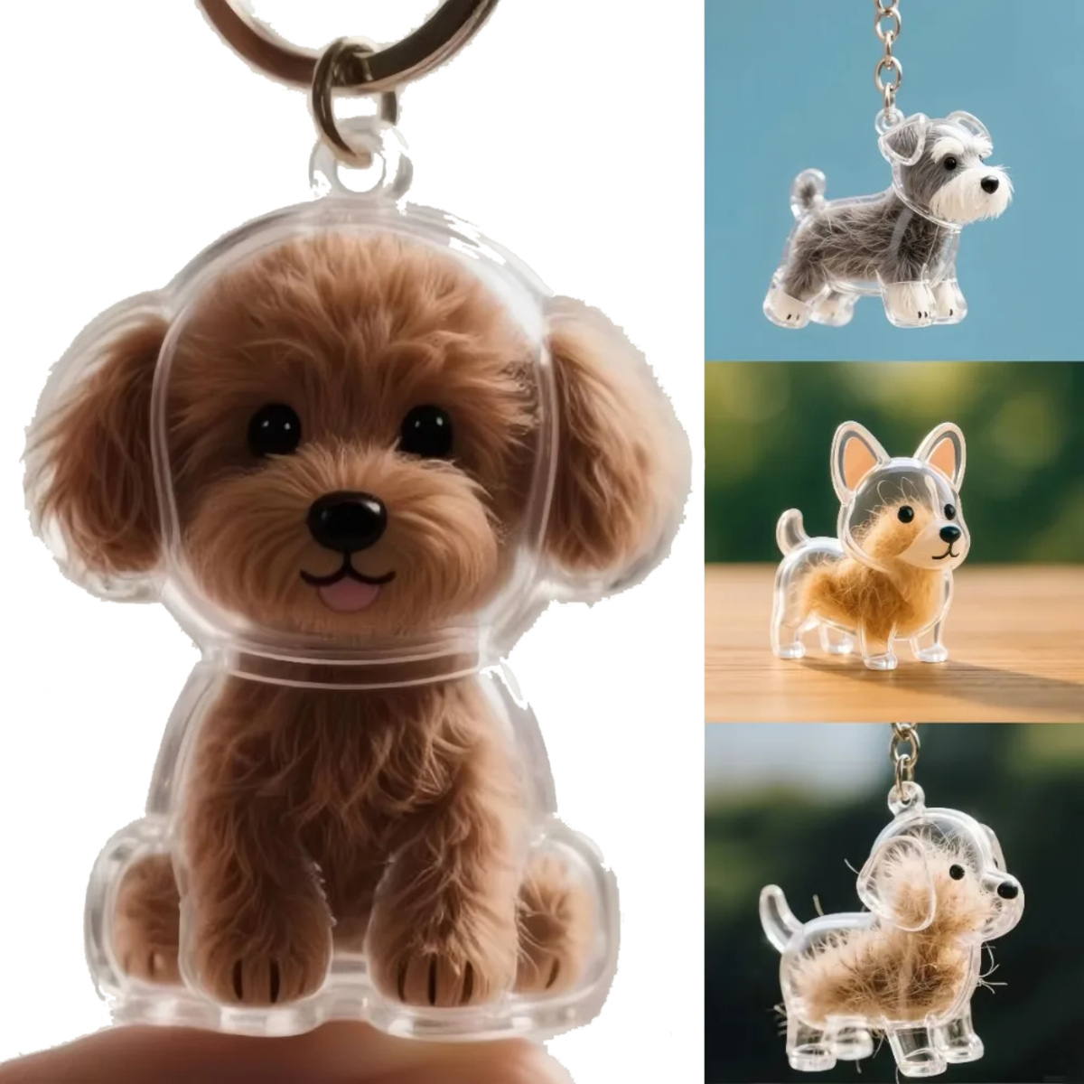 pet hair keychain memorial keepsake with transparent capsule and dog shapes