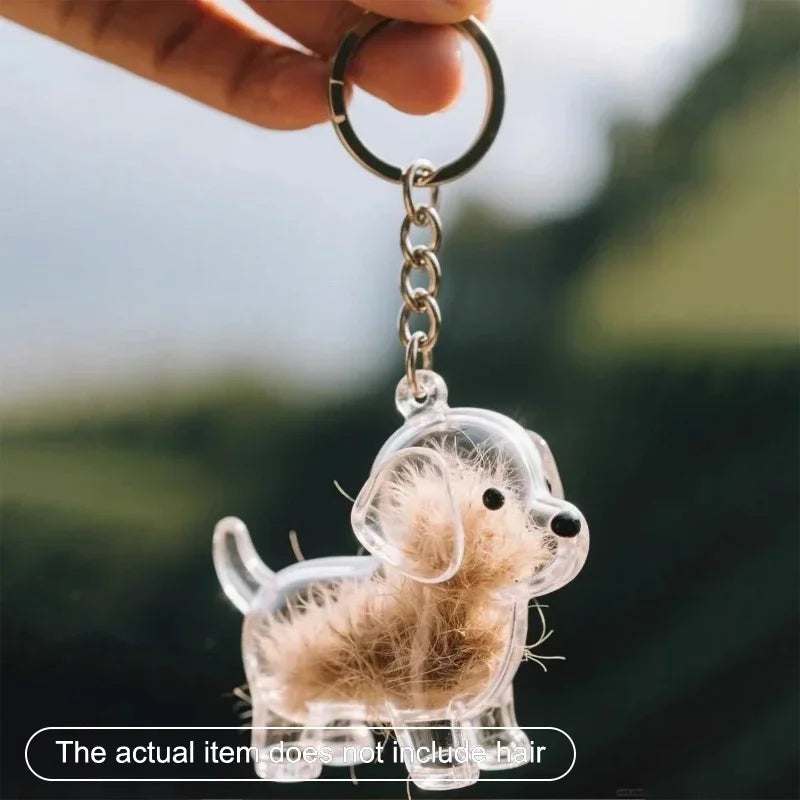 Pet hair keychain with transparent memory capsule shaped like a dog