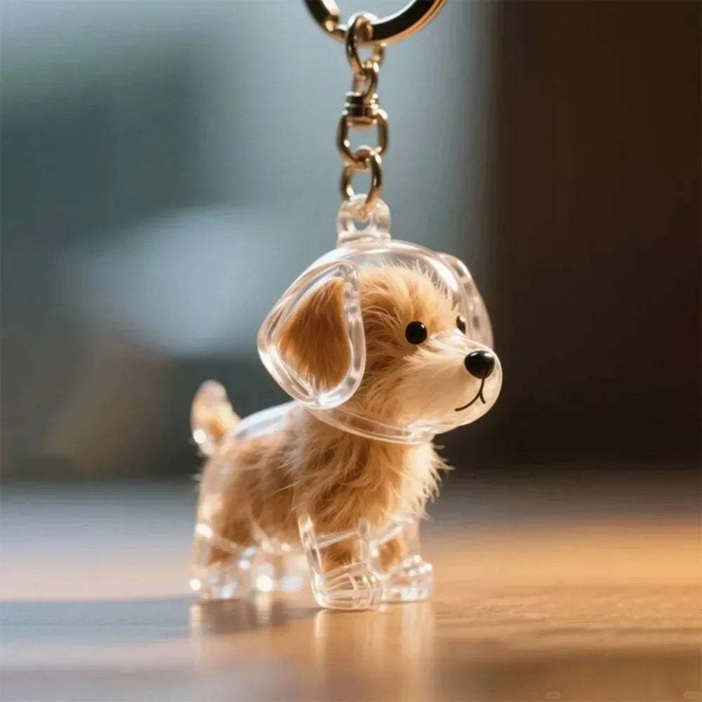 Pet hair keychain with clear memory capsule shaped like a dog