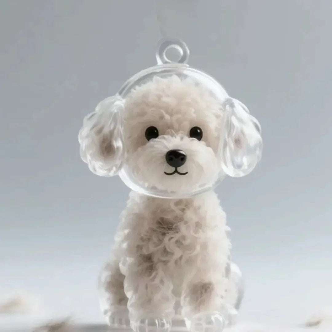 Pet hair keychain memorial with transparent dog-shaped capsule
