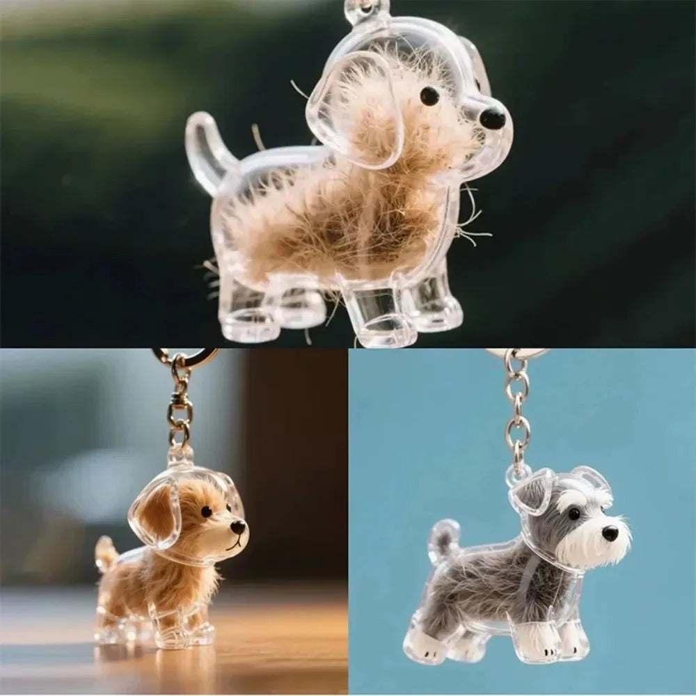 Pet hair keychain memorial with clear capsule and dog-shaped designs