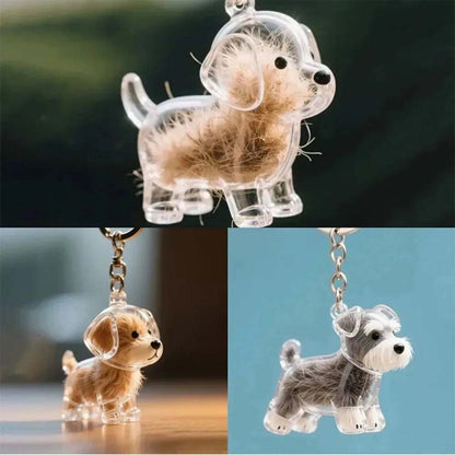 Pet hair keychain memorial with clear capsule and dog-shaped designs
